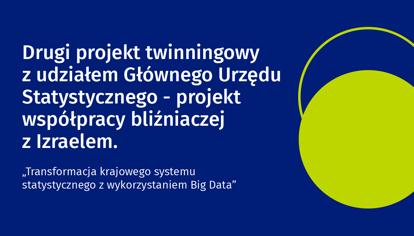 Na grafice znajduje się tekst: Drugi projekt twinningowy z udziałem Głównego Urzędu Statystycznego - projekt współpracy bliźniaczej z Izraelem. "Transformacja krajowego systemu statystycznego z wykorzystaniem Big Data