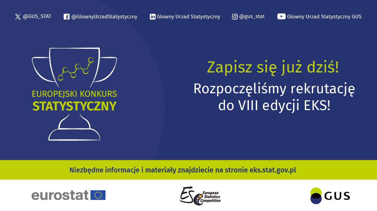 Na grafice znajduje się na niebieskim tle napis Europejski Konkurs Statystyczny, Zapisz się już dziś! Rozpoczęliśmy rekrutację do VIII edycji EKS! Niezbędne informacje i materiały znajdziecie na stronie eks.stat.gov.pl