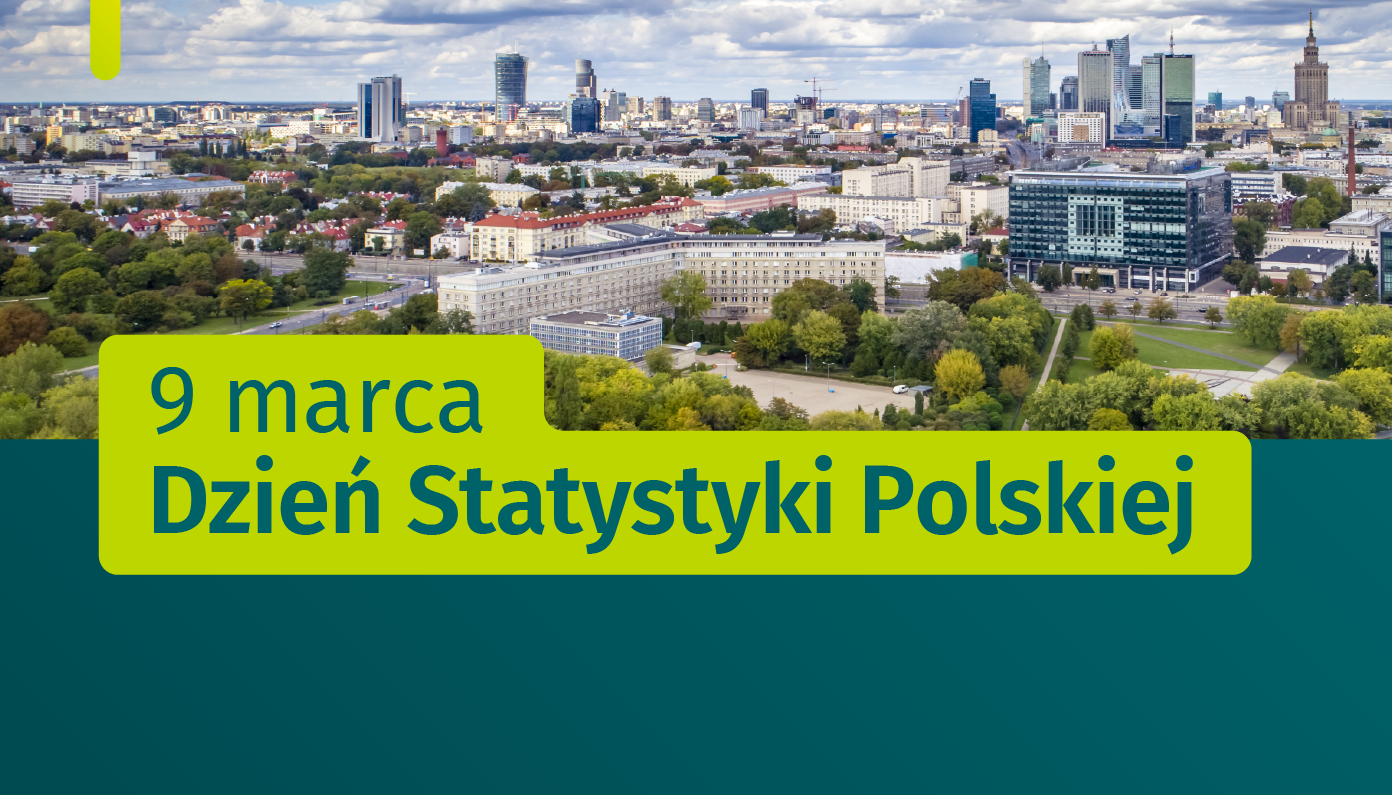 Na grafice znajduje się tekst: „9 marca Dzień Statystyki Polskiej" oraz zdjecie budynku GUS z lotu ptaka