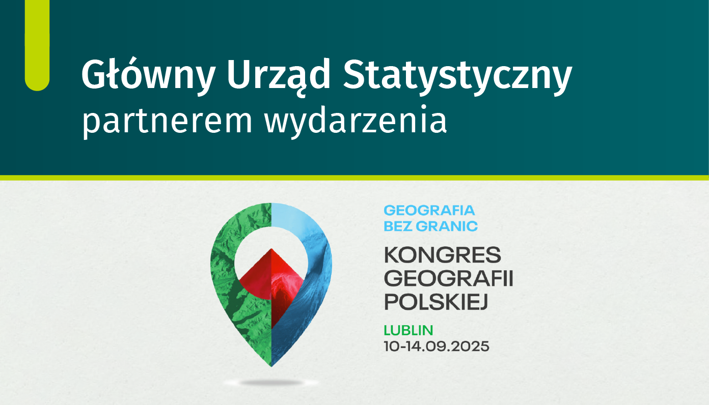 Na grafice znajduje napis Główny Urząd Statystyczny partnerem wydarzenia. Geografia bez granic Kongres Geografii Polskiej Lublin 10-14.09.2025