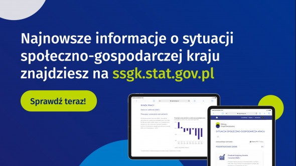 Grafika zawiera logo GUS, zdjęcie dwóch tabletów i tekst: Najnowsze informacje o sytuacji społeczno-gospodarczej kraju znajdziesz na ssgk.stat.gov.pl. Sprawdź teraz!?