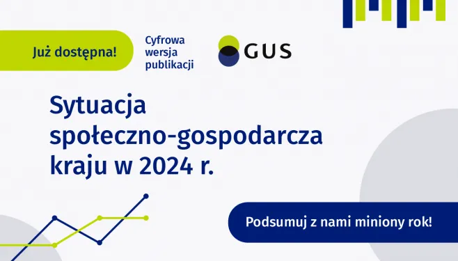Na grafice znajduje się tekst:Już dostępna! Cyfrowa wersja publikacji Sytuacja społeczno-gospodarcza 2024. Podsumuj z nami miniony rok!