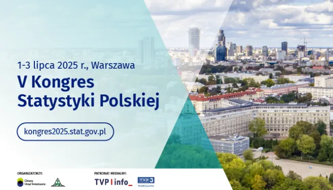 Na grafice znajduje się zdjęcie GUS oraz tekst: 1-3 lipca 2025r., Warszwa, V Kongres Statystyki Polskiej