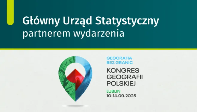 Na grafice znajduje napis Główny Urząd Statystyczny partnerem wydarzenia. Geografia bez granic Kongres Geografii Polskiej Lublin 10-14.09.2025