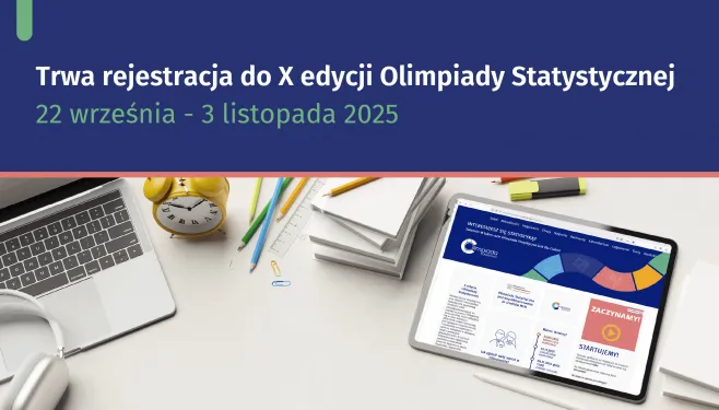 Slajder z napisem: "Trwa rejestracja do X edycji Olimpiady Statystycznej. 22 września - 3 listopada 2025"