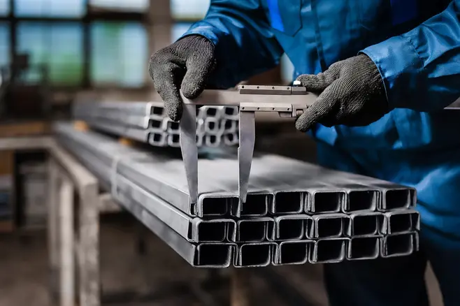 Człowiek w rękawiczkach mierzy suwmiarką metalowe profile