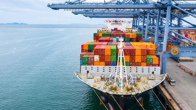 A container ship moored in the port