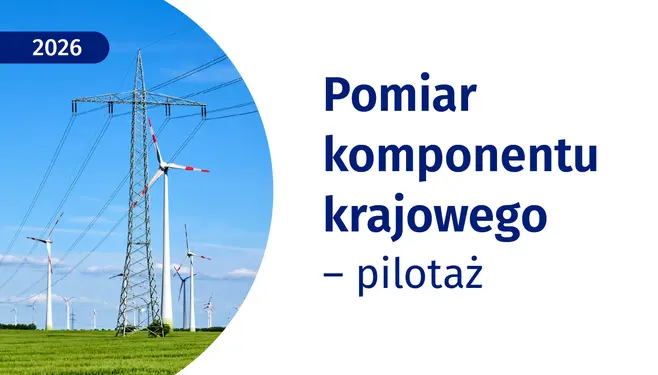 Linia energetyczna średniego napięcia, w tle wiatraki, obok napis: Pomiar komponentu krajowego - pilotaż