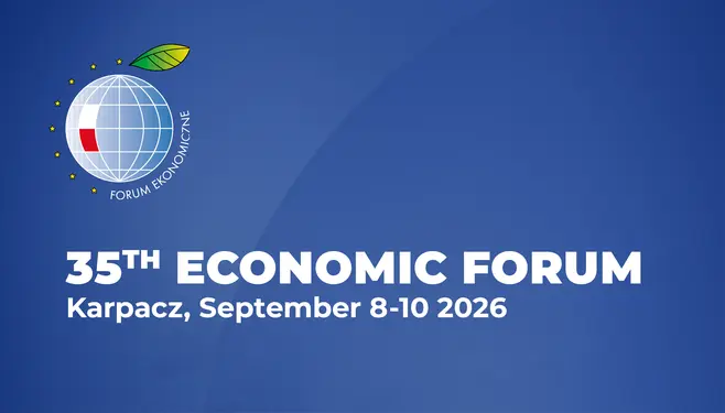 Plansza informująca o 35 Forum ekonomicznym w Karpaczu, w dniach 8-10 września 2026 roku