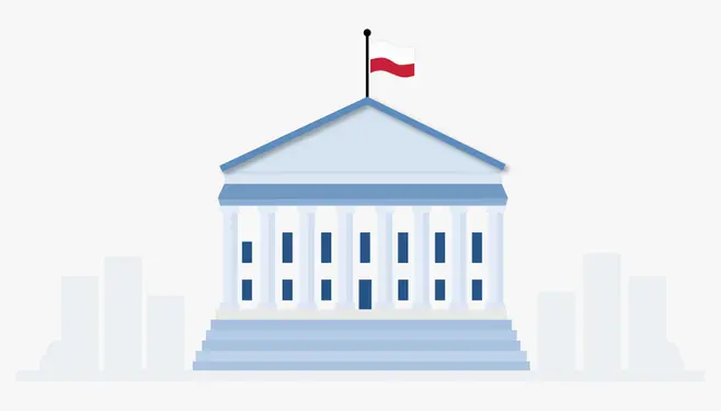 Gmach publiczny z powiewającą na szczycie biało-czerwoną flagą