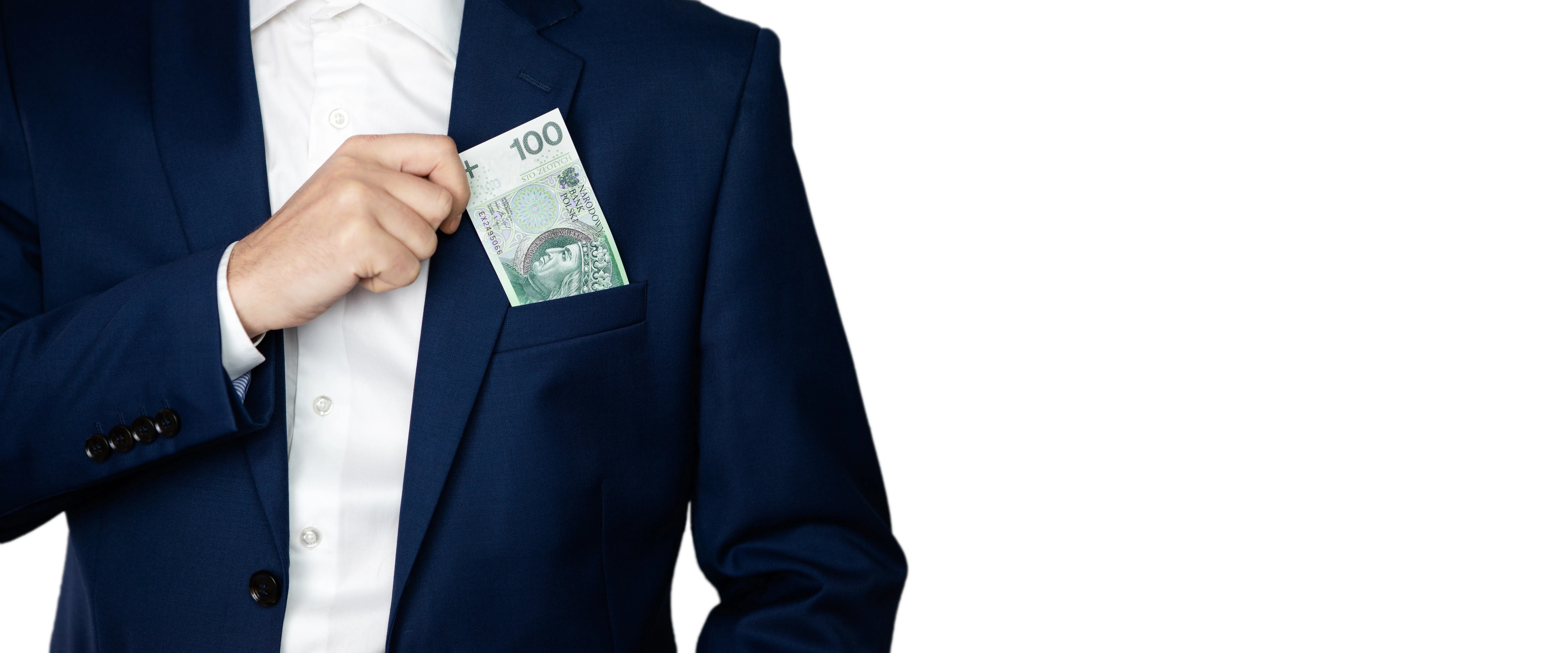 Grafika to zdjęcie mężczyzny w garniturze z banknotem zamiast poszetki.