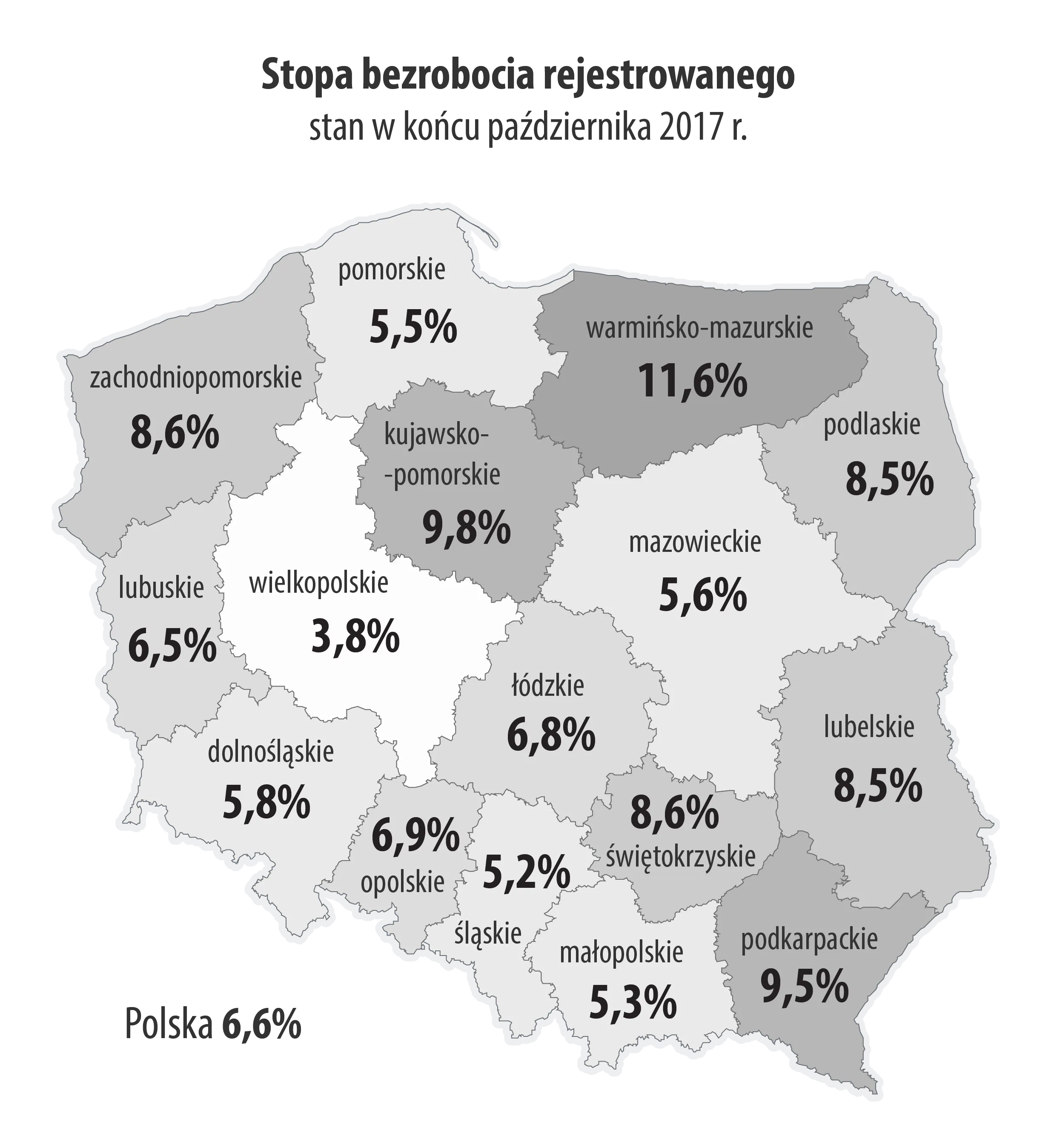 Mapa Polski z danymi dotyczącymi liczby bezrobotnych i stopy bezrobocia w październik 2017 roku. Dane w pliku XLSX do pobrania