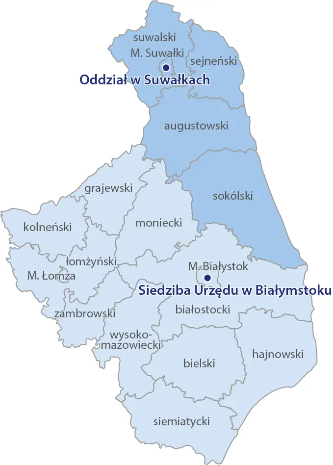 Mapa województwa podlaskiego z podziałem na powiaty