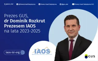 Powiększ obraz: Na grafice znajduje się logo GUS, logo IAOS, adresy kont GUS w mediach społecznościowych, zdjęcie Prezesa GUS Dominika Rozkruta oraz tekst: Prezes GUS, Dr Dominik Rozkrut Prezesem IAOS na lata 2023-2025.