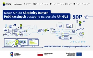 Powiększ obraz: 3.	Na grafice znajduje się logo GUS, adresy kont GUS w mediach społecznościowych, symbole nawiązujące do technologii oraz tekst: Nowe API do składnicy danych Publikacyjnych dostępne na Portalu API GUS. SDP. #WROTASTATYSTYKI #StatystykaPrzyszłościJestJużTu.3.	Na grafice znajduje się logo GUS, adresy kont GUS w mediach społecznościowych, symbole nawiązujące do technologii oraz tekst: Nowe API do składnicy danych Publikacyjnych dostępne na Portalu API GUS. SDP. #WROTASTATYSTYKI #StatystykaPrzyszłościJestJużTu.