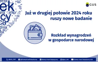Powiększ obraz: 2.	Na grafice znajduje się logo GUS, adresy kont GUS w mediach społecznościowych, wizerunek portfela oraz tekst: Już w drugiej połowie 2024 roku ruszy nowe badanie. Rozkład wynagrodzeń w gospodarce narodowej.