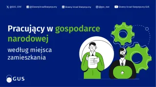 Powiększ obraz: Na grafice znajduje się logo GUS, tekst: „Pracujący w gospodarce narodowej według miejsca zamieszkania”, obrazek przestawiający ludzi przy pracy i koła zębate oraz adresy kont GUS w mediach społecznościowych