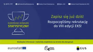 Powiększ obraz: Na grafice znajduje się na niebieskim tle napis Europejski Konkurs Statystyczny, Zapisz się już dziś! Rozpoczęliśmy rekrutację do VIII edycji EKS! Niezbędne informacje i materiały znajdziecie na stronie eks.stat.gov.pl