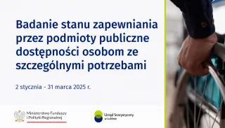 Powiększ obraz: Na grafice znajduje się tekst: Raport o stanie zapewniania dostępności podmiotu publicznego, zdjęcie osoby na wózku inwalidzkim oraz logo MFiPR oraz US Lublin