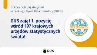 Powiększ obraz: Na grafice znajduje się logo GUS oraz tekst: Sukces polskiej statystyki w rankingu Open Data Inventory (ODIN). GUS zajął 1. Pozycję wśród 197 krajowych urzędów statystycznych świata! 