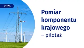 Powiększ obraz: Linia energetyczna średniego napięcia, w tle wiatraki, obok napis: Pomiar komponentu krajowego - pilotaż
